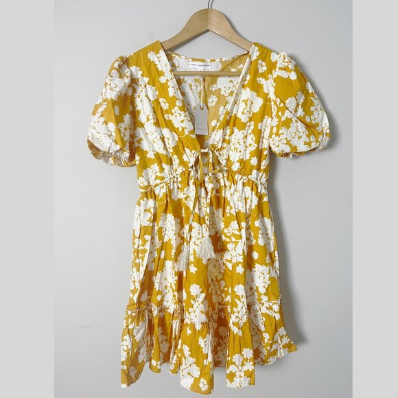 NWT Coco Jaimeson Floral Yellow Mini Dress S Puff Sleeve - Picture 2 of 5